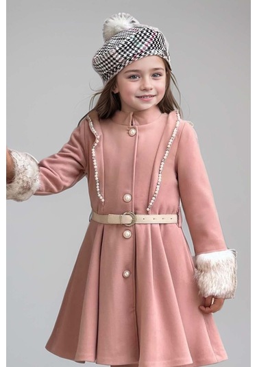 Riccotarz Kız Çocuk Kazayağı Desen Elbise Kolları Peluş Ve Omuzları İnci İşleme Kemerli Pembe Kaşe Kaban Pembe