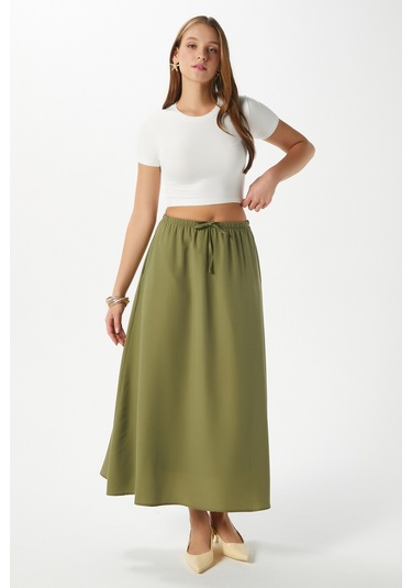 Kadın Seaside Haki Astarlı Bel Lastikli Cepli Dokuma Uzun Etek Haki