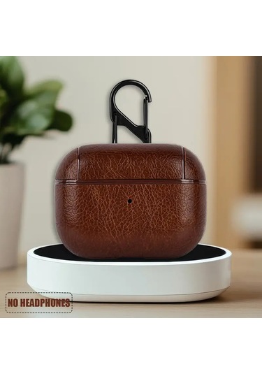 Airpods Pro 3 2025 Uyumlu Lüx Deri Suni Deri Kılıf 360 Koruma+kanca Koyu Kahverengi