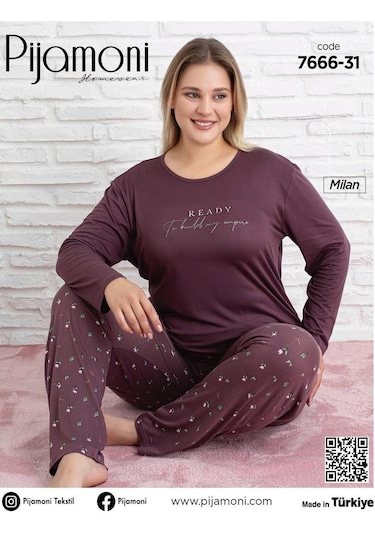 Pijamoni Kadın Milan Büyük Beden Bisiklet Yaka Uzun Kol İnce Pijama Takımı 7666/31 - 1 Adet Mürdüm Pijamoni Kadın Milan Büyük Beden Bisiklet Yaka Uzun Kol İnce Pijama Takımı 7666/31 - 1 Adet Mürdüm