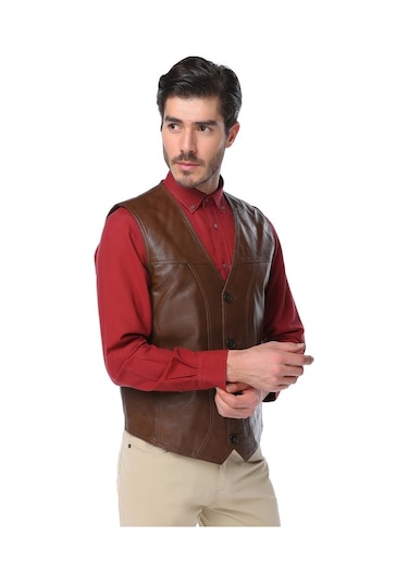 Dericlub 2145 Gerçek Deri Erkek Yelek Camel