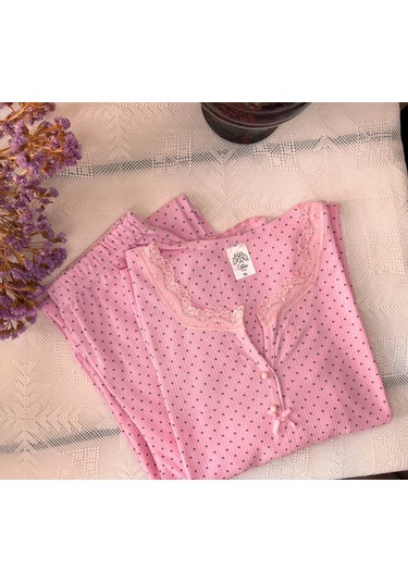 Büyük Beden Battal Pijama Takımı Desenli Uzun Kol V Yaka Kışlık Kumaş Pembe