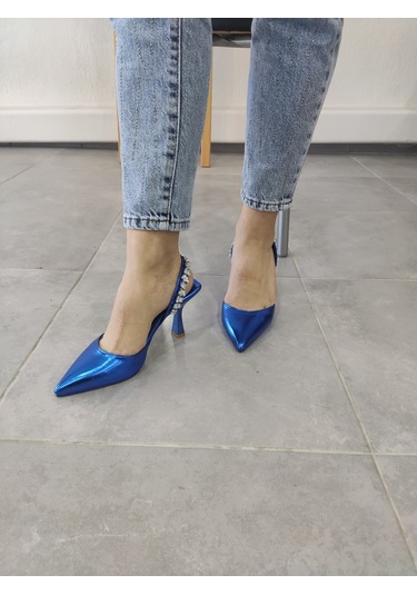 Tarzbu Lks İnce Topuklu Taşlı Parlak Mavi Renk Abiye Ayakkabı Mavi