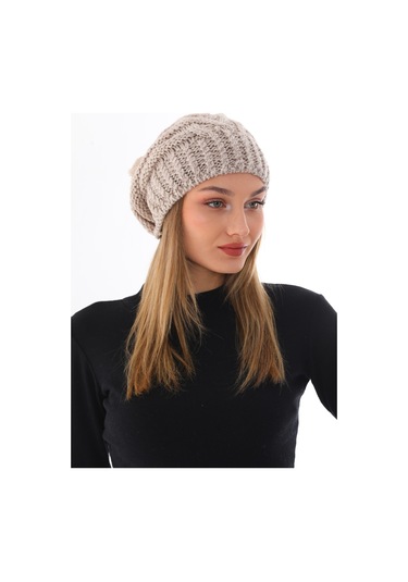 Kadın Kalın Taş Örgü Ponponlu Bere Taş