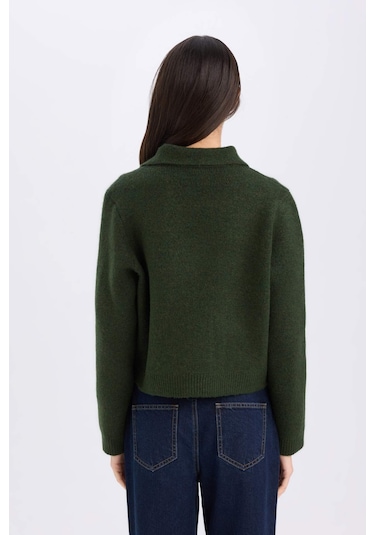 DeFacto Regular Fit Polo Yaka Basic Düz Düğmeli Triko Hırka E2289AX24WNKH470 Haki