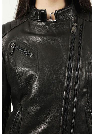 Dericlub Kasuka Jumbo Gerçek Deri Kadın Mont Siyah
