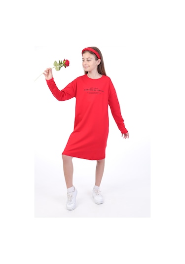 Toontoy Kız Çocuk Bisiklet Yaka Düşük Kol Yazı Baskılı Elbise Lacivert