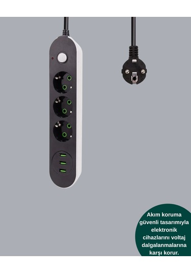 Akım Korumalı Anahtarlı Usb Girişli Üçlü Priz
