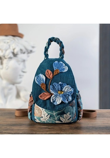Fochsia Bohemian Mavi Çiçek Desenli Crossbody Sırt Çantası Ayarlanabilir Askı Çok Bölmeli Mavi