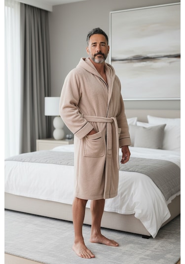 % 100 Pamuklu Laodikeia Kapşonlu Unisex Kadın Erkek Bornoz Bej