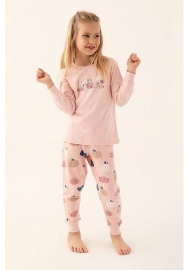 Kız Çocuk Ayıcık Baskılı Uzun Kollu Pijama Takım-16029 Pudra