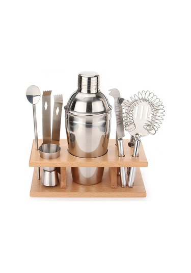 Sones 9'u 1 Arada Paslanmaz Çelik Kokteyl Çalkalayıcı Aletleri Seti Ahşap , Kapasite: 750ml