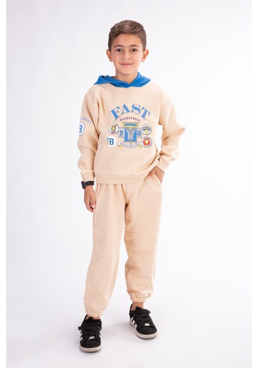Erkek Çocuk Baskılı Kapşonlu Eşofman Takımı Ekru