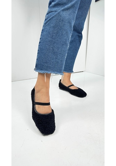 Günlük Kadın Babet Peluş Lastikli Oval Burunlu Alçak Topuklu Tırtıklı Tabanlı Ayakkabı 369 Siyah