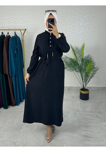 Kadın Siyah Karin Aerobin Kumaş Yarım Ön Düğmeli Püskül Bağcık Kuşaklı Tesettür Elbise Siyah