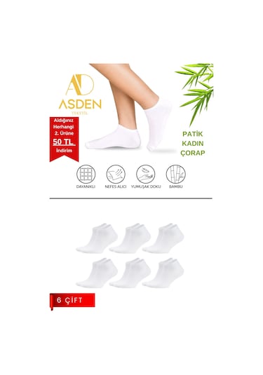 Asden Bambu Kadın Patik Çorap Beyaz 12'li, Dikişsiz, Soft Yıkamalı, Premium 6 Çift Beyaz Patik