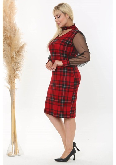 Kadın Kırmızı Siyah Ekose Desen Yaka Detay Tül Kol Büyük Beden Esnek Süet Elbise Kırmızı
