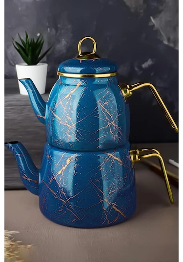 Nishev.com Evini Sev Elite Class Kırık Mermer Desenli Çaydanlık Mavi