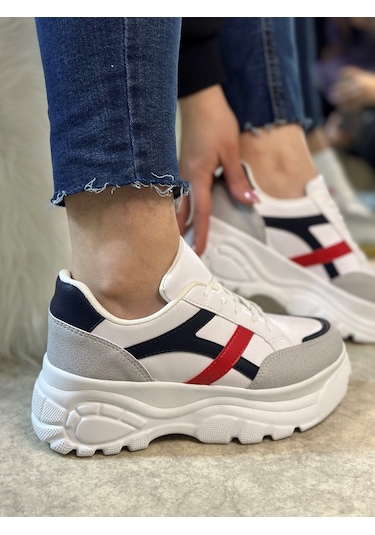 Günlük Kadın Sneaker Kalın Yüksek Taban Bağcıklı Rahat Tiger Şeritli Spor Ayakkabı 032 11-taş Laci Kırmızı