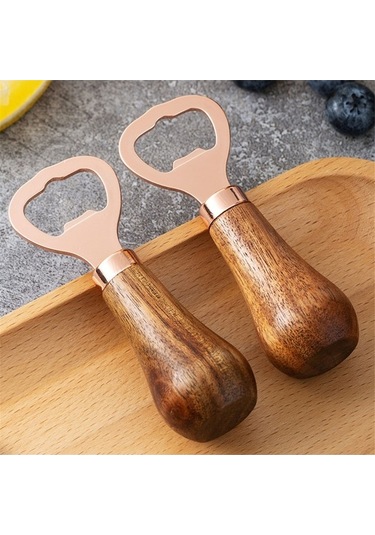 Moly Ahşap Saplı Gümüş Paslanmaz Çelik Bira Şişe Açacağı, Özel Logo, 10x3,5 Cm Gümüş