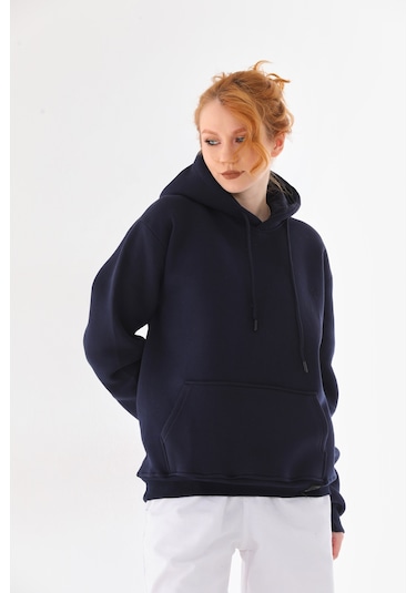 Everest Everst Kapüşonlu 3 İplik Şardonlu Cepli Sweatshirt Lacivert