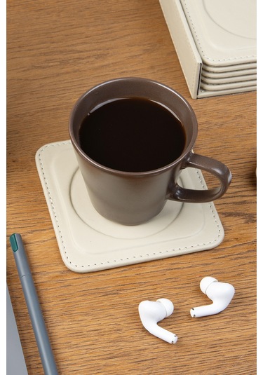 Bardak Altlığı,6 Lı Set,masaüstü Yuvarlak Cup Coaster,vegan Suni Deri,11x11 Cm.,bej Bej