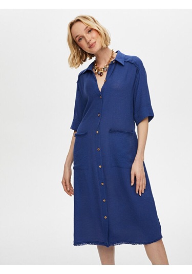 Püskül Şerit Detaylı Kendinden Dokulu Elbise S25elb037 Us25elb03727 Indigo