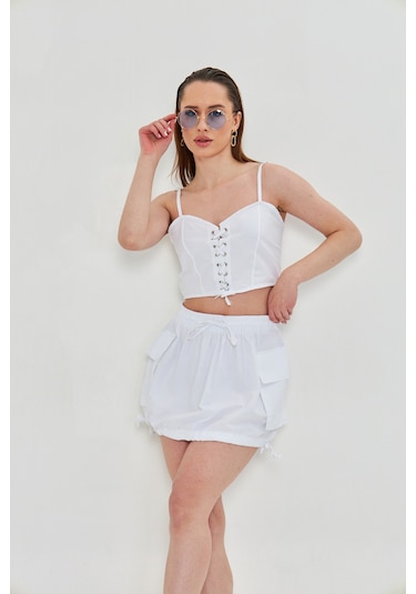 Kutaf Günlük Yazlık Crop Top Ve Şort Etek Takımı - Rahat & Şık Beyaz