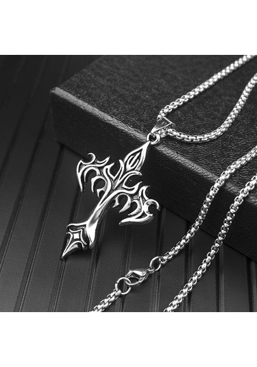 Gotik Alev Haç Kolye Kolye Erkek 50 Cm Paslanmaz Çelik Zincir Boyun Punk Hediye Gümüş