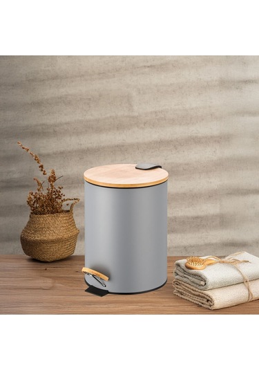 Bambu Kapaklı Pedallı Metal Çöp Kovası - 12 Lt. - Gri Gri