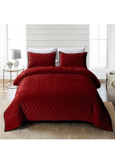 Evlen Home Kapitone Kadife Yatak Örtüsü Seti Tek Kişilik Supersoft 2 Parça Yumuşak Elyaf Dolgulu Kırmızı Kırmızı