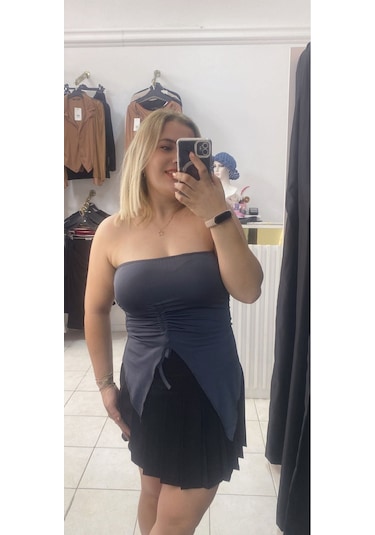 Tuba Toptaş Straplez Bluz Büzgülü Gri