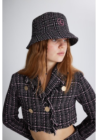 Holly Lolly Tüvit Kumaş Logolu Bucket Tweed Şapka Siyah