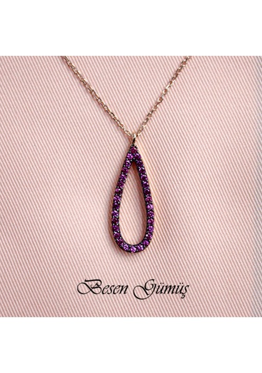 Pembe Taşlı İçi Boş Damla Kolye Rose - Gold -  Gümüş