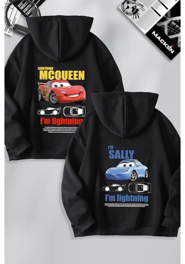 Sevgililer Günü Özel Kapüşonlu Araba Baskılı Oversize Sweatshirt - Siyah