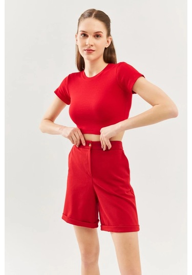 Kadın Kısa Kol Bisiklet Yaka Vücuda Oturan %100 Pamuklu Kaşkorse Esnek Crop Bluz Kırmızı