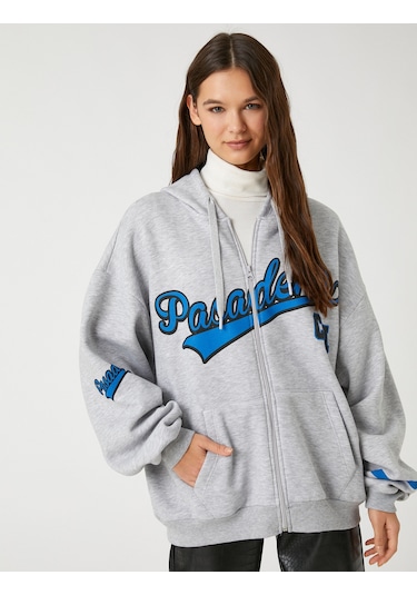 Koton Kolej Sweatshirt Kapüşonlu Oversize Fermuarlı Baskılı Cep Detaylı Gri Melanj 3sal10331ık Gri Melanj