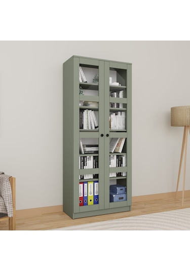 Lucas Cam Kapaklı Vitrin - Büfe - Kitaplık Ve Çok Amaçlı Dolap Ayarlanabilir Raf - Yeşil Yeşil