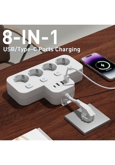 Xuweiwei 8li Güç Şeridi Siyah 4 Ac Çıkış 3 Usb Bağlantı 1 Tip-c Kompakt Duvara Monte Edilebilir Ofis Ev Seyahat İçin Avrupa Standart Fiş