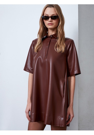 Dilvin 90934 Suni Deri Mini Gömlek Elbise-karamel Karamel