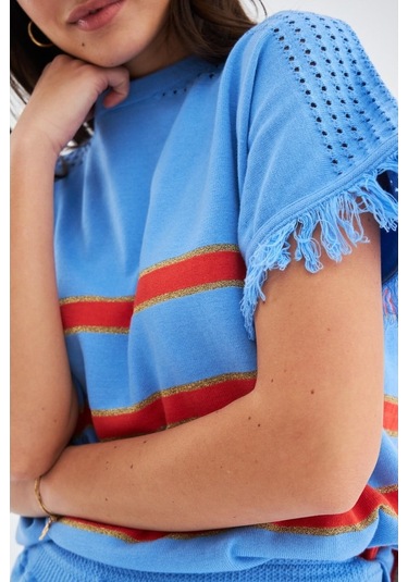 Peraluna Hannah Blouse & Shorts Pamuklu Yazlık Kadın Triko Şort T Mavi