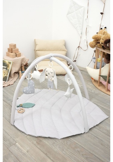 Mordesign Bebek Oyun Alanı, Tavşan Bebek Aktivite Matı, Yaprak Tasarım Oyun Matı, Baby Gym Serisi, Gri
