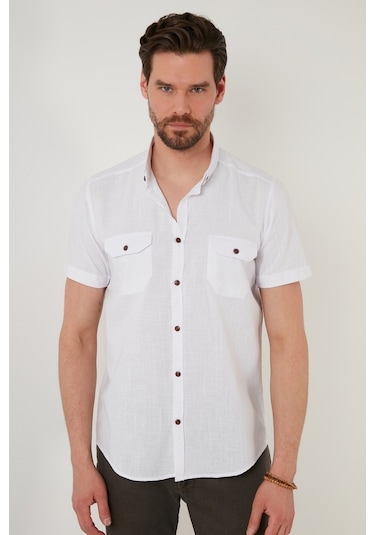 Buratti Düğmeli Yaka Pamuklu Slim Fit Cepli Erkek Gömlek Cf21S111153 Beyaz