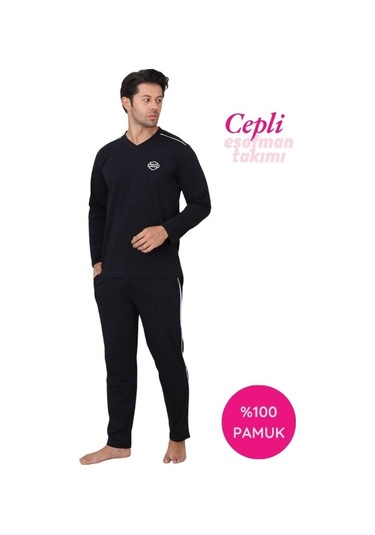 Erkek Siyah V Yaka %100 Pamuk Mevsimlik Uzun Kol Pijama Takımı-siyah Cepli Eşofman Takımı Siyah