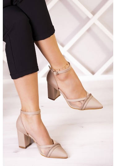 Molly Ten Saten Taşlı Fileli Kalın Topuklu Ayakkabı