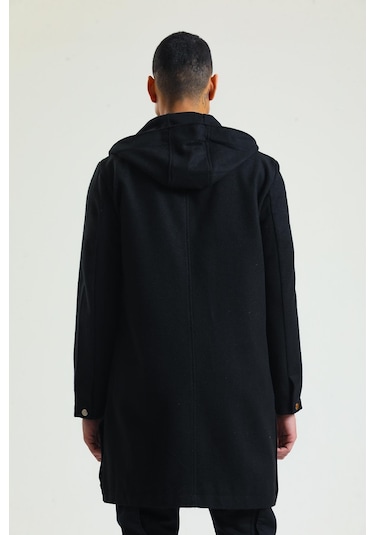 Erkek Regular Fit Kapüşonlu Fermuarlı Cepli Kışlık Astarsız Yünlü Uzun Kaşe Kaban 001