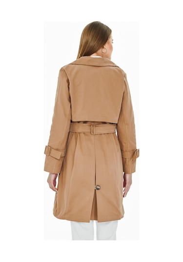 Pastelastore %100 Pamuk Gabardin Midi 95cm Astarlı Kemerli Kadın Trençkot 1113 Bej