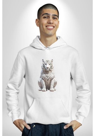 Beyaz Kaplan Kadın Erkek Beyaz Kapüşonlu Sweatshirt Hoodie Beyaz