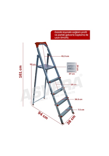 Asvera 4+1 5 Basamaklı Ev Tipi Katlanabilir Profil Merdiven - Sağlam Çelik Boya Merdiveni