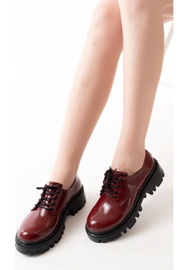 Bordo Rugan Bağcıklı Günlük Yüksek Tabanlı Loafer Ayakkabı Bordo